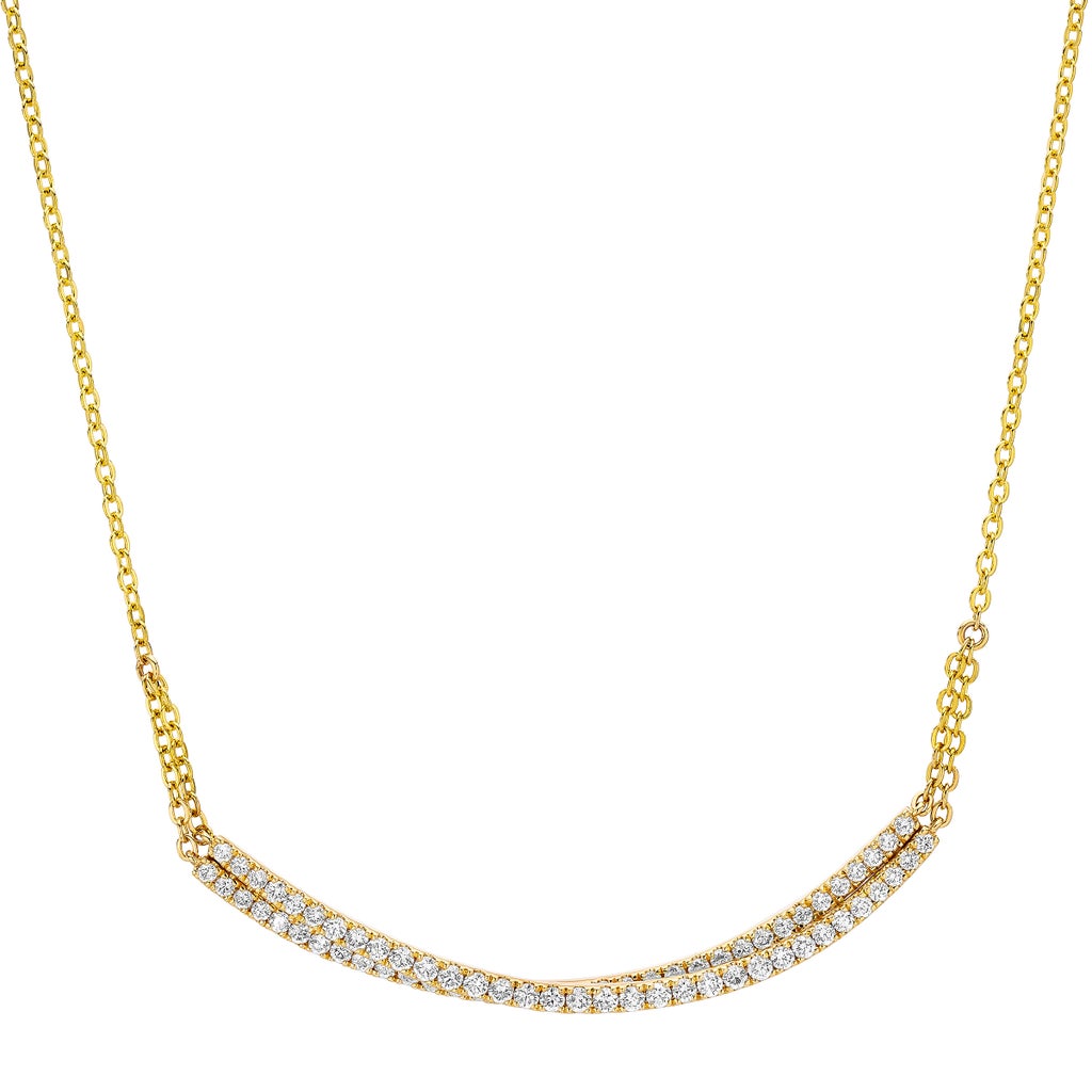 14K yellow gold diamond bar necklace on white background