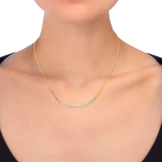 Diamond bar necklace worn on model