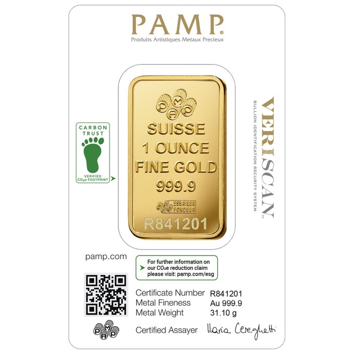Gold bar reverse marked PAMP Suisse 1 ounce fine gold 999.9