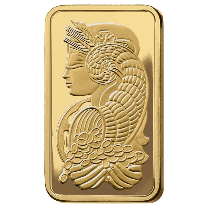 PAMP Suisse Lady Fortuna gold bar in blue assay-card packaging