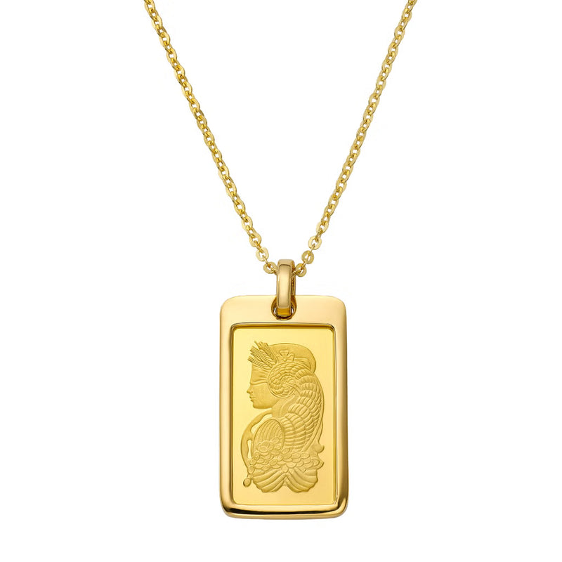 A gold rectangular pendant necklace featuring an engraved profile of a classical female figure with a floral motif, suspended from a delicate gold chain against a solid white background.