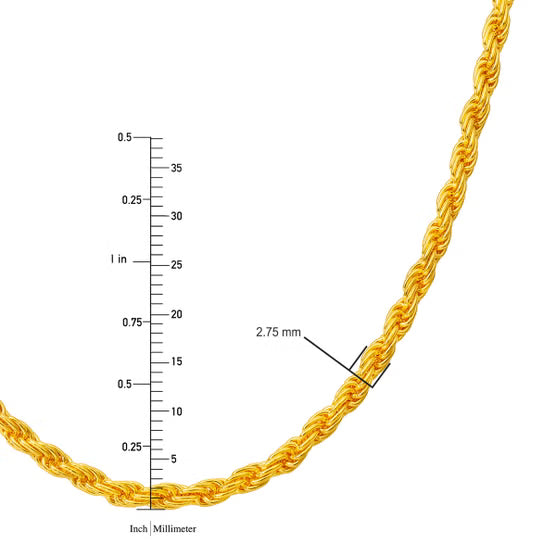 24K Yellow Gold Rope Chain Necklace, 18.5 in., M-Hook