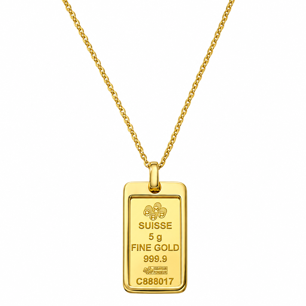 PAMP Suisse gold bar pendant close-up